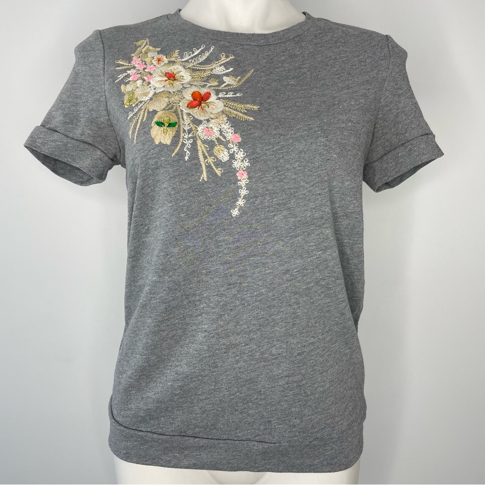 Peter Som Embroidered Tee S Gray Flowers Jeweled Pink Tan Design Nation